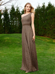 One Shoulder Sleeveless Lace Dress With Sash Brown Plus Size