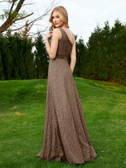 One Shoulder Sleeveless Lace Dress With Sash Brown
