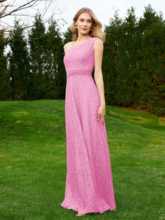 One Shoulder Sleeveless Lace Dress With Sash Candy Pink