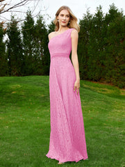 One Shoulder Sleeveless Lace Dress With Sash Candy Pink Plus Size