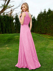 One Shoulder Sleeveless Lace Dress With Sash Candy Pink