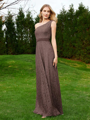 One Shoulder Sleeveless Lace Dress With Sash Chocolate Plus Size