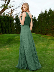 One Shoulder Sleeveless Lace Dress With Sash Dark Green