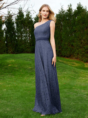 One Shoulder Sleeveless Lace Dress With Sash Dark Navy