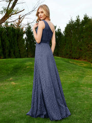 One Shoulder Sleeveless Lace Dress With Sash Dark Navy Plus Size