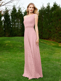 One Shoulder Sleeveless Lace Dress With Sash Dusty Rose