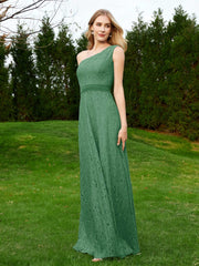 One Shoulder Sleeveless Lace Dress With Sash Emerald