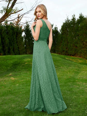 One Shoulder Sleeveless Lace Dress With Sash Emerald