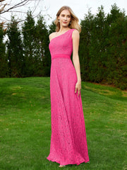 One Shoulder Sleeveless Lace Dress With Sash Fuchsia