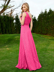 One Shoulder Sleeveless Lace Dress With Sash Fuchsia