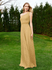 One Shoulder Sleeveless Lace Dress With Sash Gold