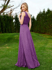 One Shoulder Sleeveless Lace Dress With Sash Grape