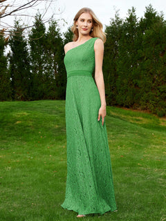 One Shoulder Sleeveless Lace Dress With Sash Green