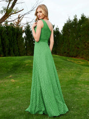One Shoulder Sleeveless Lace Dress With Sash Green Plus Size