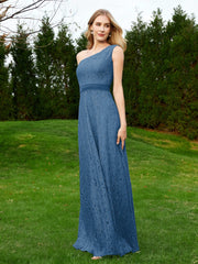 One Shoulder Sleeveless Lace Dress With Sash Ink Blue