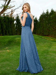 One Shoulder Sleeveless Lace Dress With Sash Ink Blue