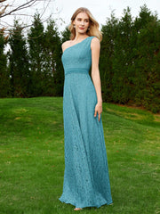One Shoulder Sleeveless Lace Dress With Sash Jade