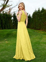 One Shoulder Sleeveless Lace Dress With Sash Lemon