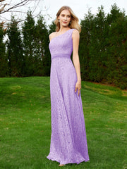 One Shoulder Sleeveless Lace Dress With Sash Lilac