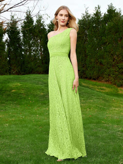 One Shoulder Sleeveless Lace Dress With Sash Lime Green