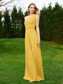 One Shoulder Sleeveless Lace Dress With Sash Marigold