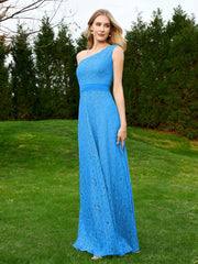 One Shoulder Sleeveless Lace Dress With Sash Ocean Blue Plus Size