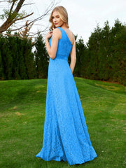 One Shoulder Sleeveless Lace Dress With Sash Ocean Blue Plus Size