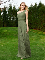 One Shoulder Sleeveless Lace Dress With Sash Olive Green Plus Size