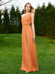 One Shoulder Sleeveless Lace Dress With Sash Orange