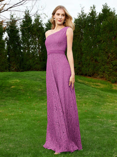 One Shoulder Sleeveless Lace Dress With Sash Orchid