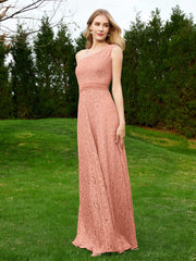 One Shoulder Sleeveless Lace Dress With Sash Papaya