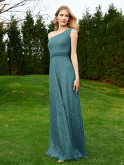 One Shoulder Sleeveless Lace Dress With Sash Peacock Plus Size
