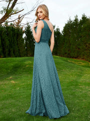One Shoulder Sleeveless Lace Dress With Sash Peacock