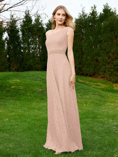 One Shoulder Sleeveless Lace Dress With Sash Pearl Pink
