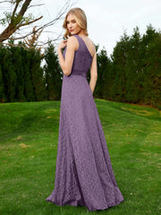 One Shoulder Sleeveless Lace Dress With Sash Plum