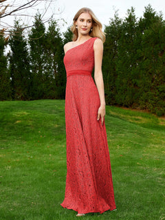 One Shoulder Sleeveless Lace Dress With Sash Red