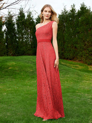 One Shoulder Sleeveless Lace Dress With Sash Red Plus Size