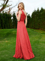 One Shoulder Sleeveless Lace Dress With Sash Red
