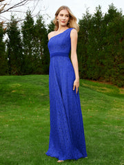 One Shoulder Sleeveless Lace Dress With Sash Royal Blue