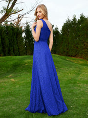 One Shoulder Sleeveless Lace Dress With Sash Royal Blue