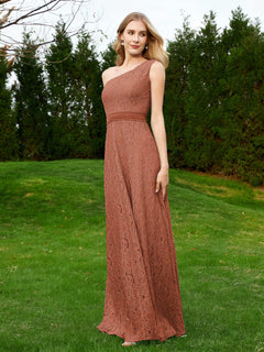One Shoulder Sleeveless Lace Dress With Sash Rust