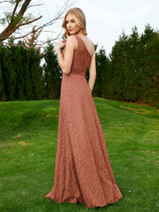 One Shoulder Sleeveless Lace Dress With Sash Rust