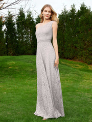 One Shoulder Sleeveless Lace Dress With Sash Silver