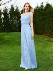 One Shoulder Sleeveless Lace Dress With Sash Sky Blue