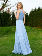 One Shoulder Sleeveless Lace Dress With Sash Sky Blue Plus Size