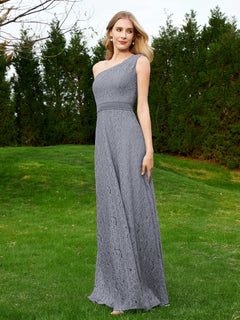 One Shoulder Sleeveless Lace Dress With Sash Steel Grey