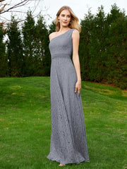 One Shoulder Sleeveless Lace Dress With Sash Steel Grey Plus Size