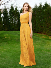 One Shoulder Sleeveless Lace Dress With Sash Tangerine Plus Size