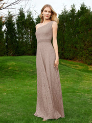One Shoulder Sleeveless Lace Dress With Sash Taupe