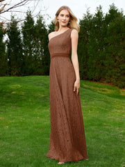 One Shoulder Sleeveless Lace Dress With Sash Terracotta